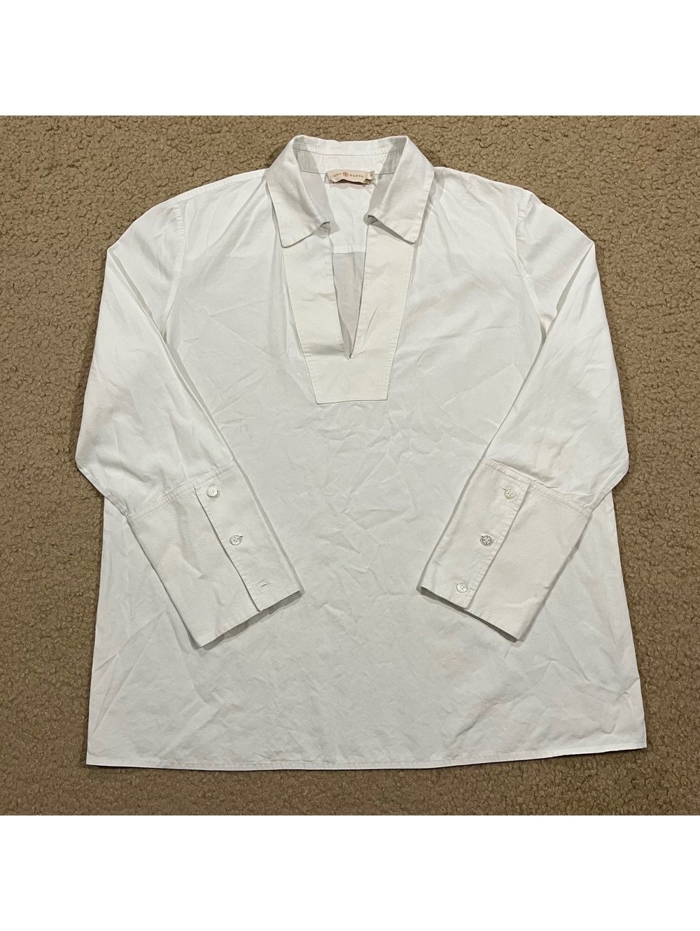 Tory Burch Cotton Poplin Popover Tunic Blouse White Size 12 (missing button)